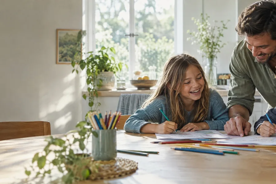 Kinder arbeiten mit ihrem Vater an Aufgabenblättern